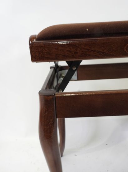 Varnished wood piano stool, brown velvet...