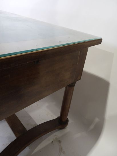 Veneered desk opening with three drawers,...