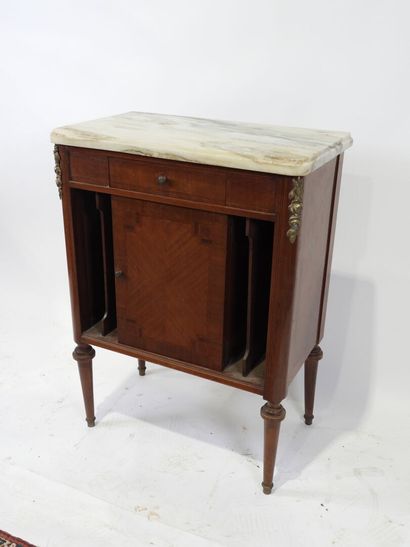 Wooden and veneered bedside cabinet opening...