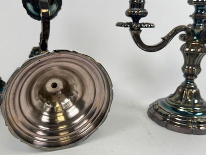 Pair of silver-plated three-light metal torches.
H....