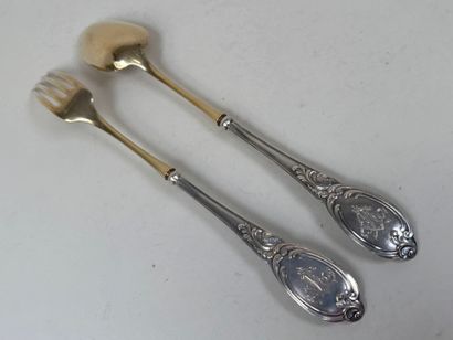 Couvert de service argent et vermeil 950/1000,...