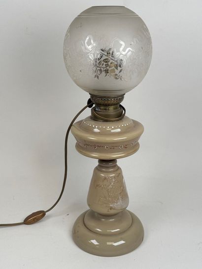 Opaline glass kerosene lamp with enameled...