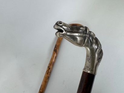 Set of three wood and bamboo canes, one with...