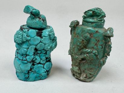 ASIA, 20th century.
Two carved turquoise...