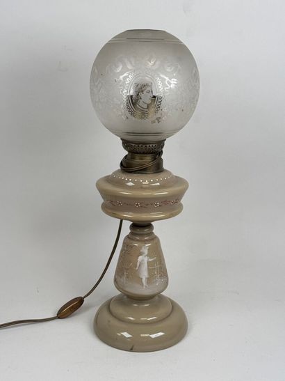 Opaline glass kerosene lamp with enameled...