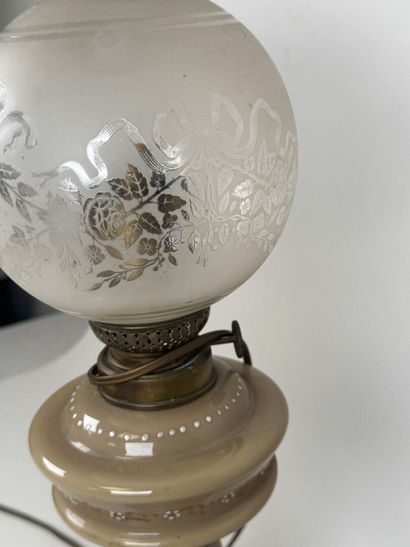 Opaline glass kerosene lamp with enameled...