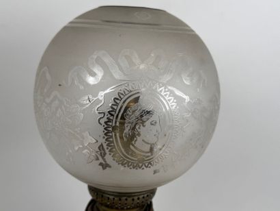 Opaline glass kerosene lamp with enameled...