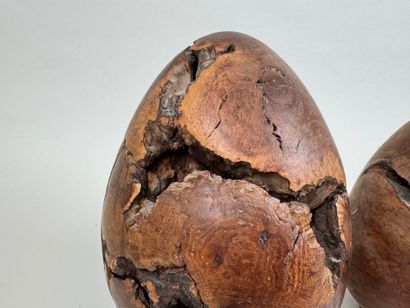 Three turned briar roots and egg-shaped metal...