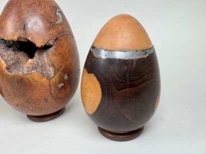 Three turned briar roots and egg-shaped metal...