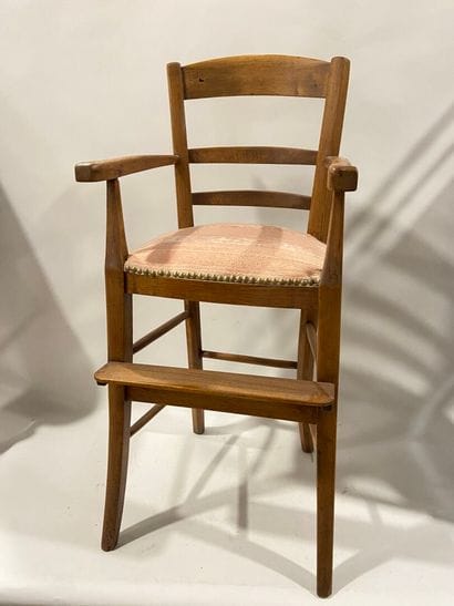 Small wooden high chair, seat in pink studded...