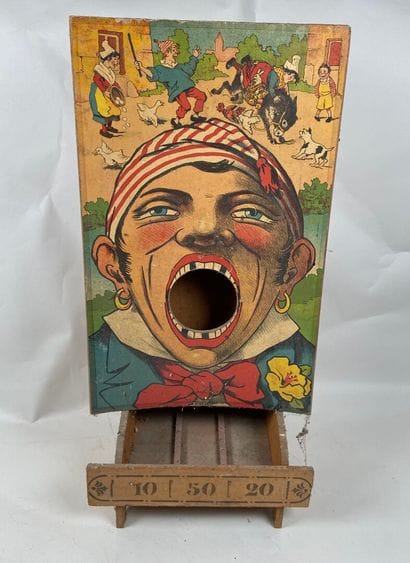 Old wooden throwing game, covered with polychrome...