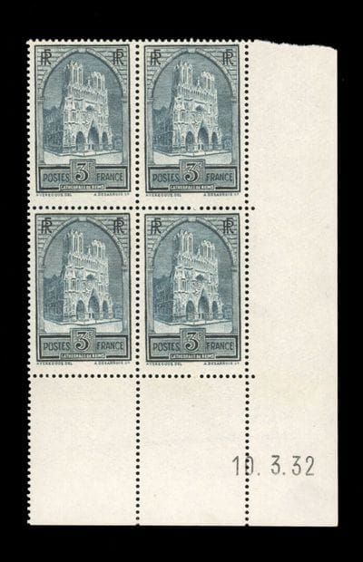3Fr. Reims Cathedral. Block of 4. Coin dated...