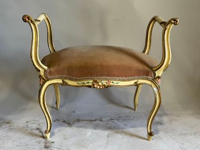 Molded wood bench, polychrome and gold lacquered,...