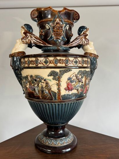 Large polychrome barbotine vase decorated...