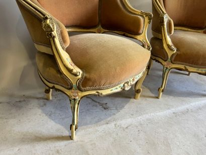 Pair of small bergères in molded wood, polychrome...