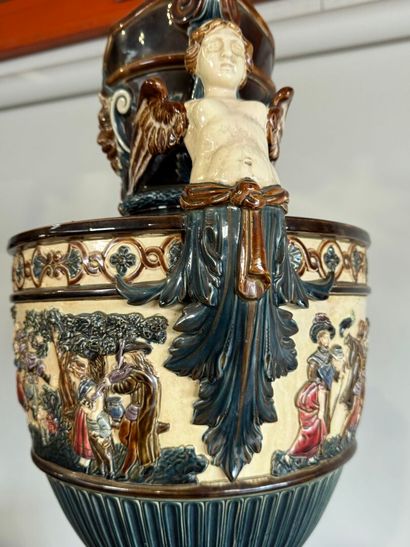 Large polychrome barbotine vase decorated...