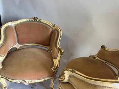 Pair of small bergères in molded wood, polychrome...