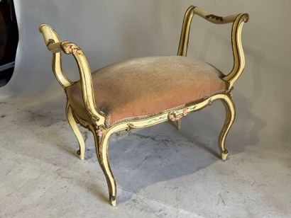 Molded wood bench, polychrome and gold lacquered,...