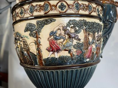 Large polychrome barbotine vase decorated...