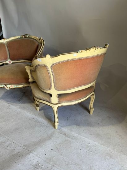 Pair of small bergères in molded wood, polychrome...