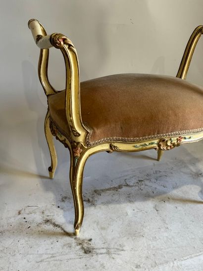 Molded wood bench, polychrome and gold lacquered,...