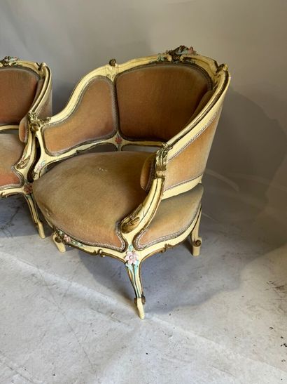 Pair of small bergères in molded wood, polychrome...