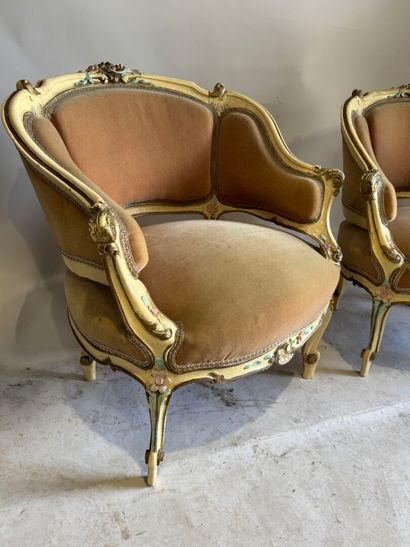 Pair of small bergères in molded wood, polychrome...