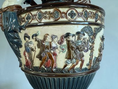 Large polychrome barbotine vase decorated...
