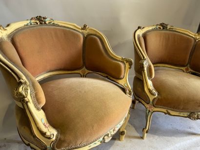 Pair of small bergères in molded wood, polychrome...
