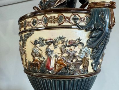 Large polychrome barbotine vase decorated...