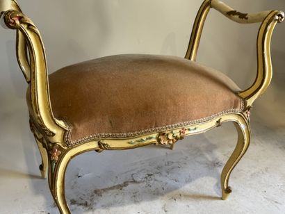Molded wood bench, polychrome and gold lacquered,...
