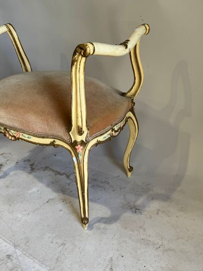 Molded wood bench, polychrome and gold lacquered,...