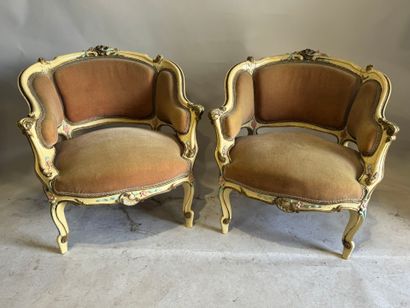 Pair of small bergères in molded wood, polychrome...