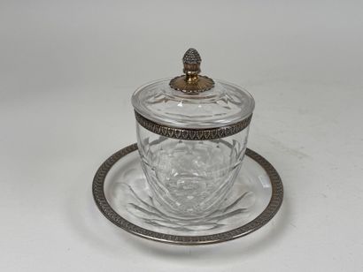 Covered sugar bowl on a crystal display stand,...