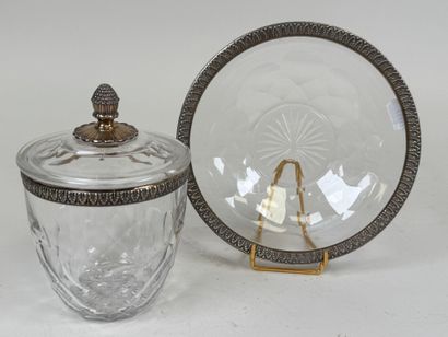 Covered sugar bowl on a crystal display stand,...