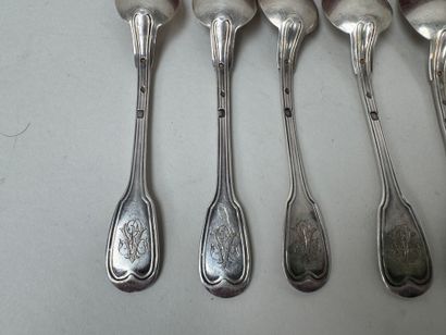 Six 950/1000 silver spoons, contoured thread...