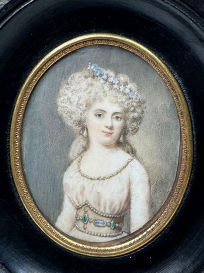 École XIXe.
Femme au corset.
Miniature à...