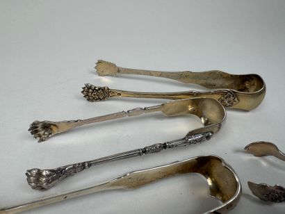 Five sugar tongs in 950/1000 silver, various...