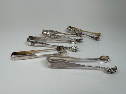 Five sugar tongs in 950/1000 silver, various...