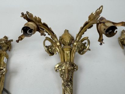Trois appliques en bronze doré à décor de...