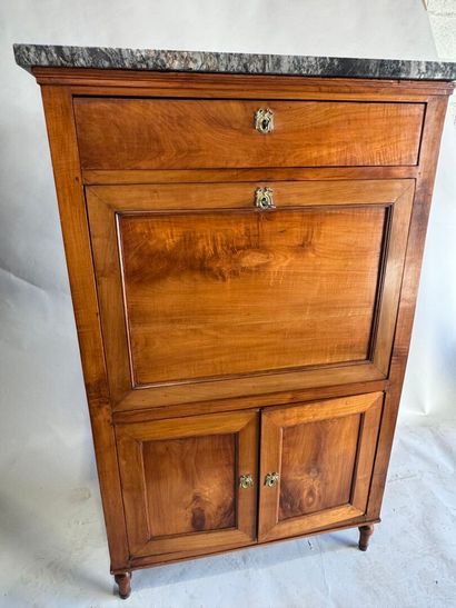 Walnut drop-leaf desk with a veined gray...