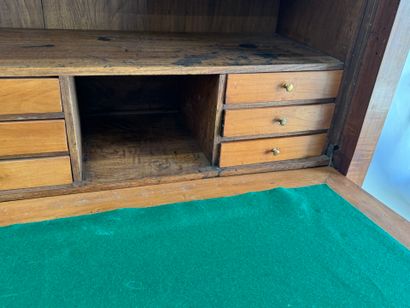 Walnut drop-leaf desk with a veined gray...