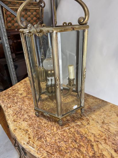 Hexagonal brass and beveled glass lantern...