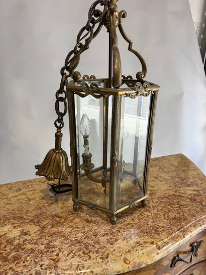 Hexagonal brass and beveled glass lantern...