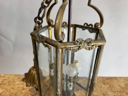 Hexagonal brass and beveled glass lantern...