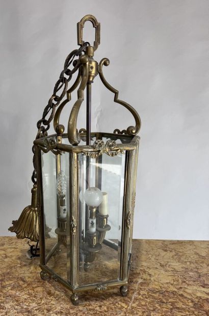 Hexagonal brass and beveled glass lantern...