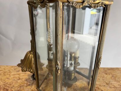 Hexagonal brass and beveled glass lantern...