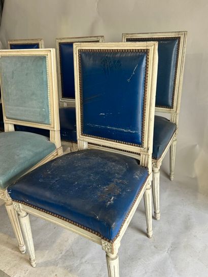 Set of six white-lacquered, molded-wood chairs...