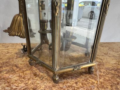 Hexagonal brass and beveled glass lantern...