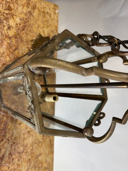 Hexagonal brass and beveled glass lantern...